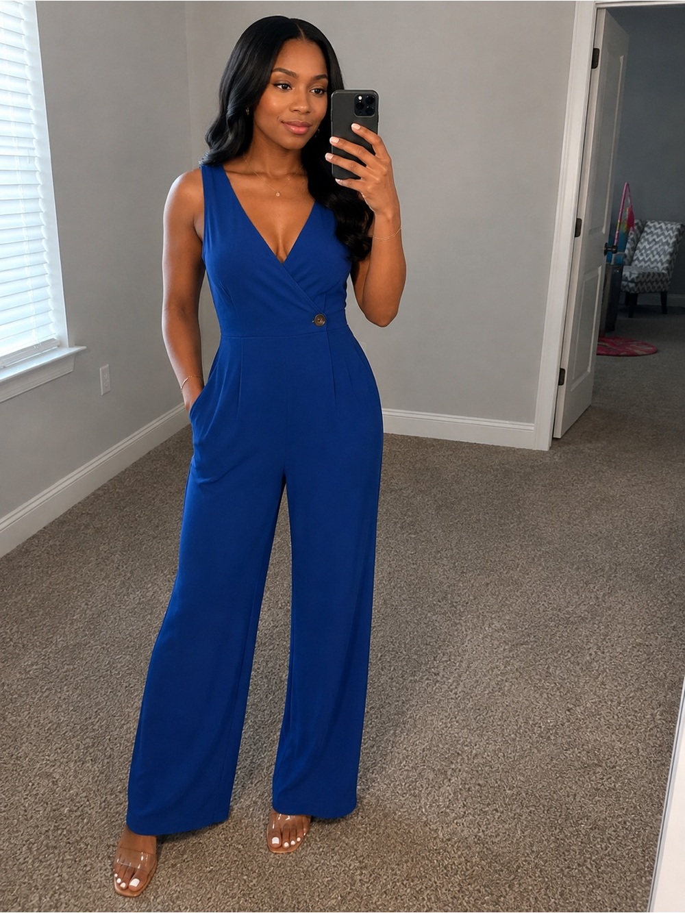 Society6 Cobalt Blue Sleeveless V-Neck Wide-Leg Jumpsuit